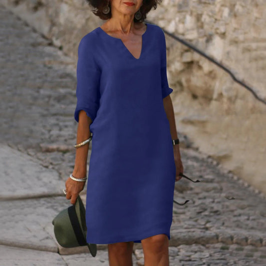 Intellectual And Elegant Long Dress Women'S Summer Retro Solid Color Cotton Linen Dress V-Neck Half Sleeve Dress Commuter