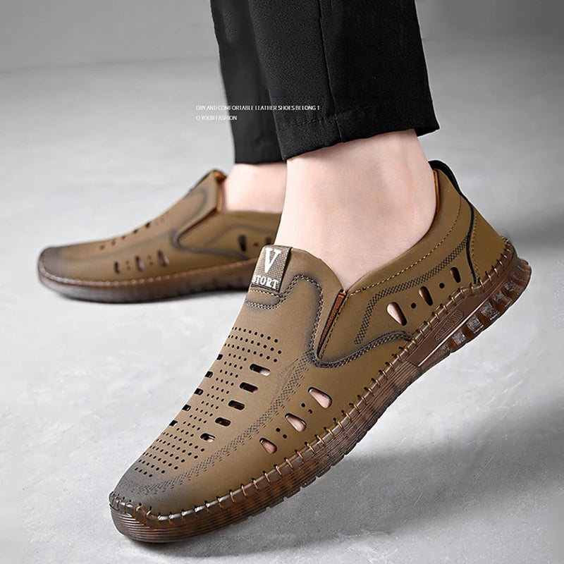 Leather Men's Shoes Thick Soles Breathable Hollow Out Casual Shoes Outdoor Men's Sports Shoes Loafers Shoes Slip On - World Bazaar Life