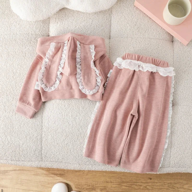 Girls Kids Clothing Suits Autumn New Girl Baby Sportswear Long Ears Lace Overcoats Pants Outfits Fashion Cute Children Coat Sets-World Bazaar Life