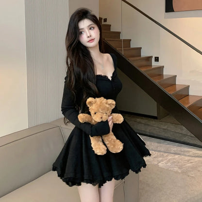 Women Sexy Korean Dress French Style Waist Closed Long Sleeve Collarbone Exposed Sweet-World Bazaar Life