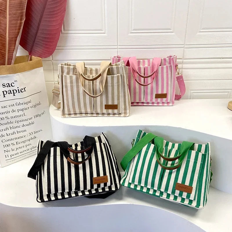 Hot Sale Of The Season New Commuter Large Capacity Trendy Striped Canvas Casual Fashionable Women's Tote Crossbody Bag Soft Nylo-World Bazaar Life