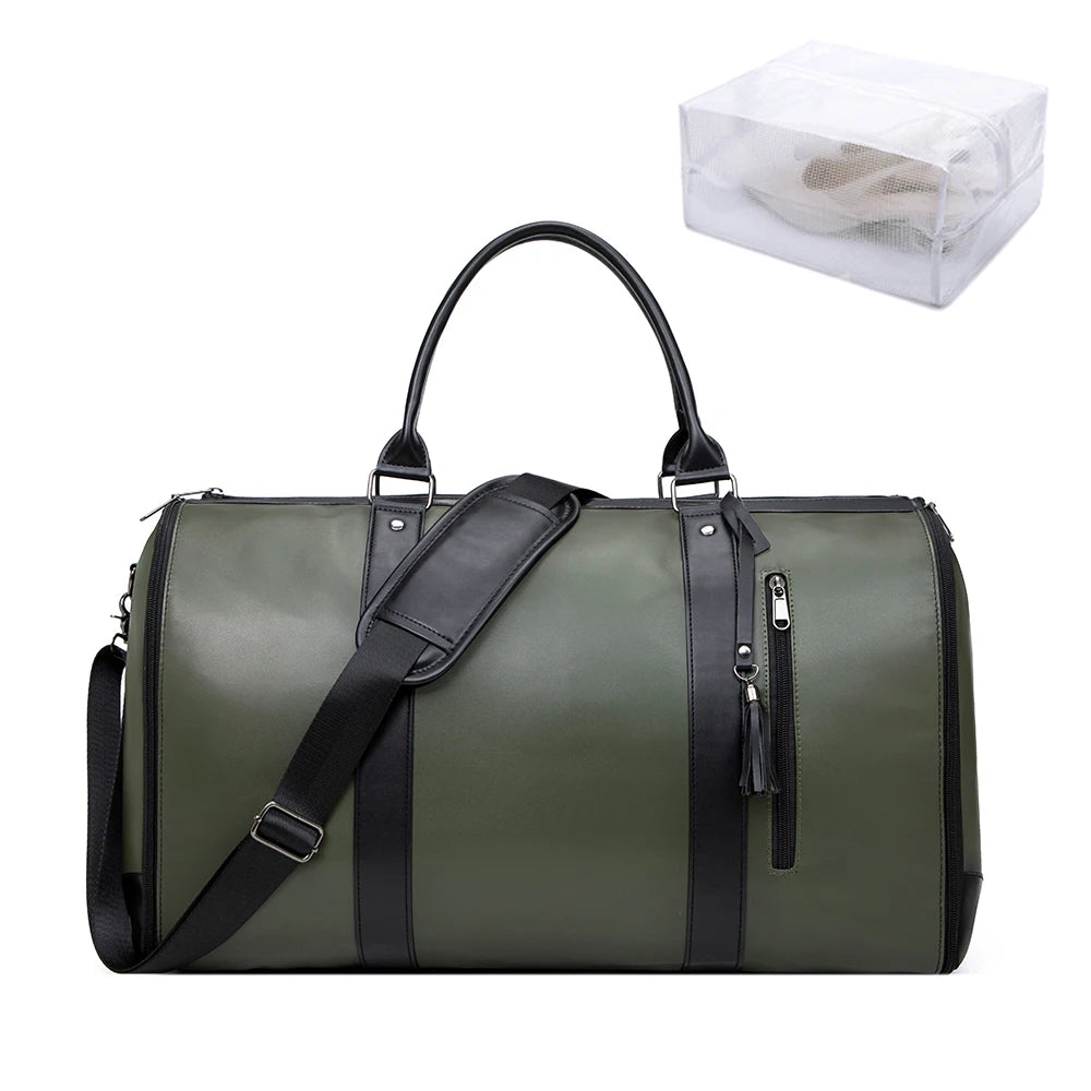 55L Large Capacity Waterproof PU Leather Travel Garment Bag with Shoe Pouch, 2-in-1 Carry-On Suit Duffle Bag - World Bazaar Life