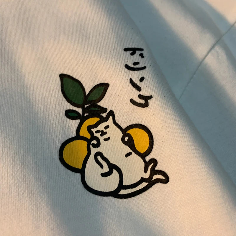 Cute Japanese Cat Print Oversized T-shirt men Women Short Sleeve Loose Casual Tee Shirt Streetwear Tops Cotton Harajuku Clothing-World Bazaar Life