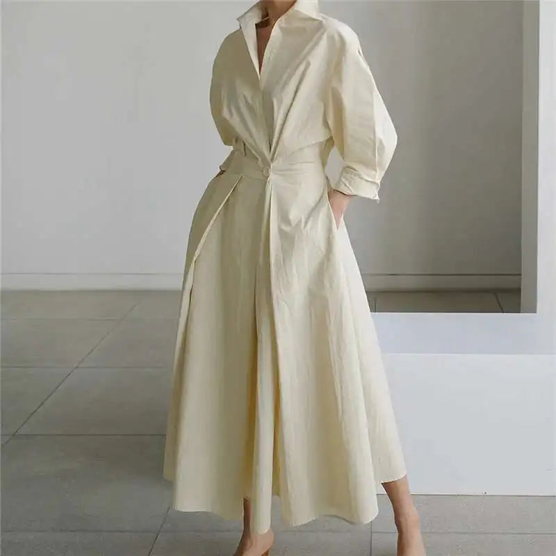 LANMREM Women's Clothing Long Dress Turn Down Collar With Button Pockets Loose Casual Dresses Female Streetwear Fashion 2C2019-World Bazaar Life