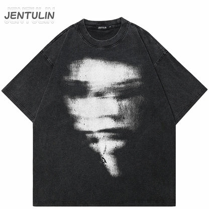 Hip Hop 2024 Summer Washed Black T-Shirt Streetwear Graphic Blurry Face T Shirt Cotton Unisex Men's Tshirt Tops Y2k Tees Hipster