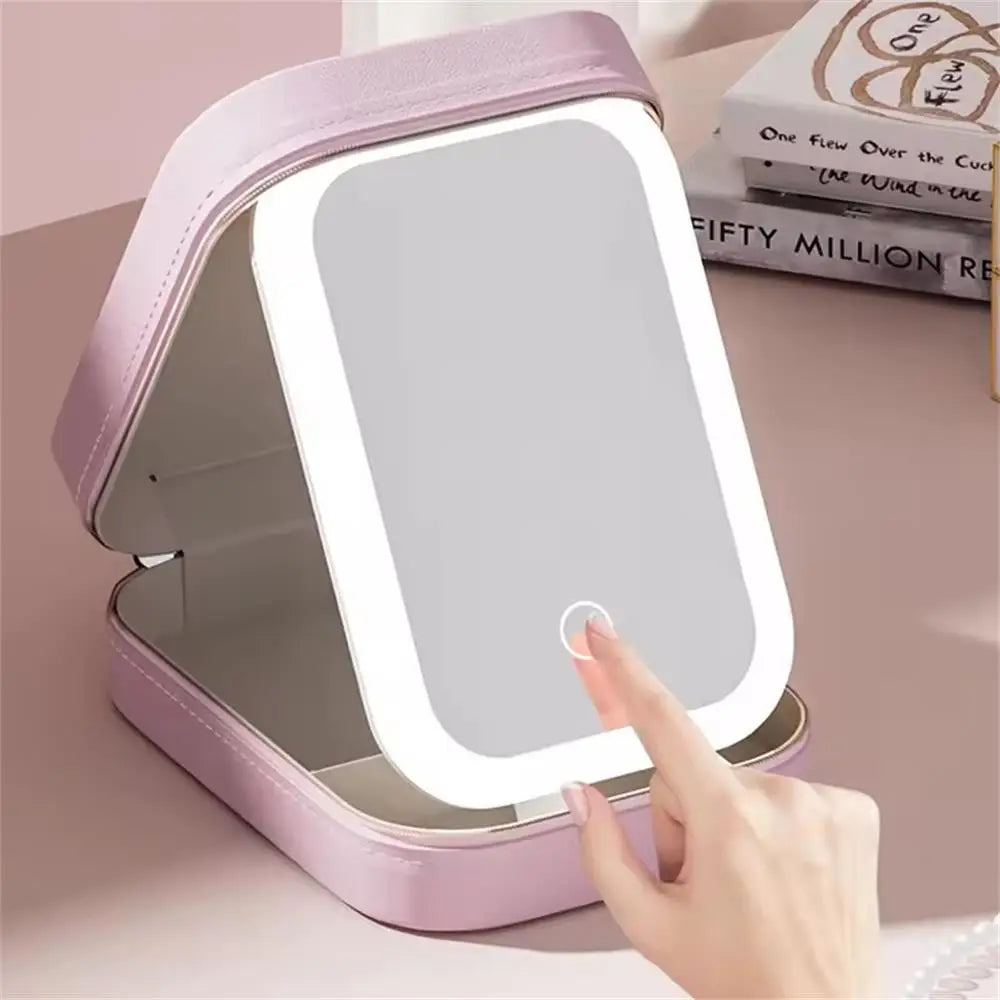 Rechargeable LED Makeup Mirror, Portable Travel Cosmetic Storage Box, Travel Makeup Case with 3-Color Adjustable Light Mirror.-World Bazaar Life