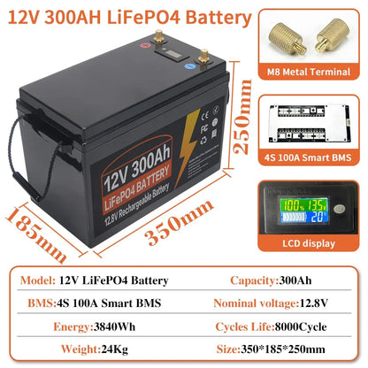 Lithium Iron Phosphate Battery 12V 300Ah LiFePO4 Built In BMS for Replacing Most of Backup Power Home Energy Storage Tax Free