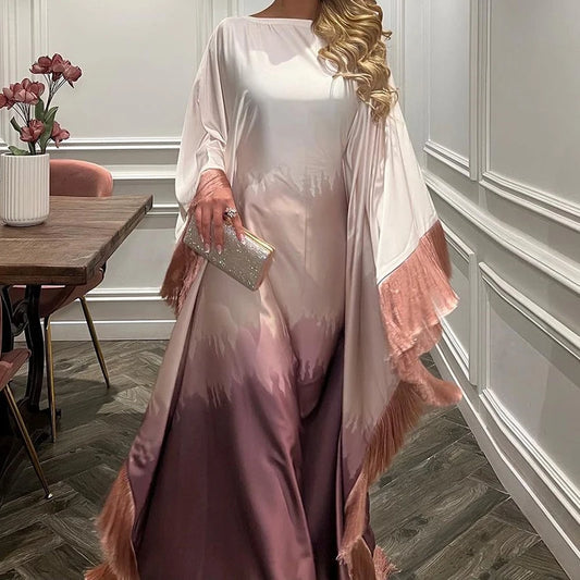 Fashion O-neck Tassels Patchwork Robe Dress Elegant Gradient Print Loose Long Dress Women's Casual Batwing Sleeve Party Dresses