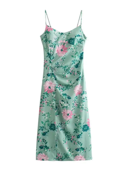 TRAF New Women's Split Psychedelic Dress French Floral Pattern Pleated Embellished Halter Long Dress Chic Elegant Womenswear