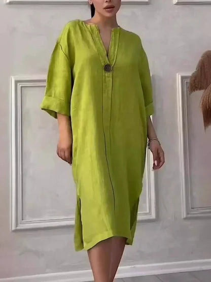 2024 Summer Elegant Cotton Hemp V-Neck Dress – Casual Mid-Length Style