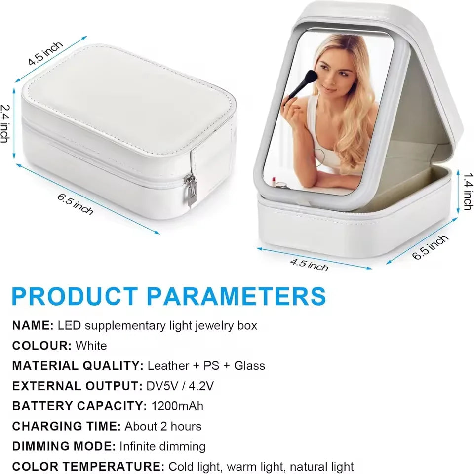 Rechargeable LED Makeup Mirror, Portable Travel Cosmetic Storage Box, Travel Makeup Case with 3-Color Adjustable Light Mirror.-World Bazaar Life
