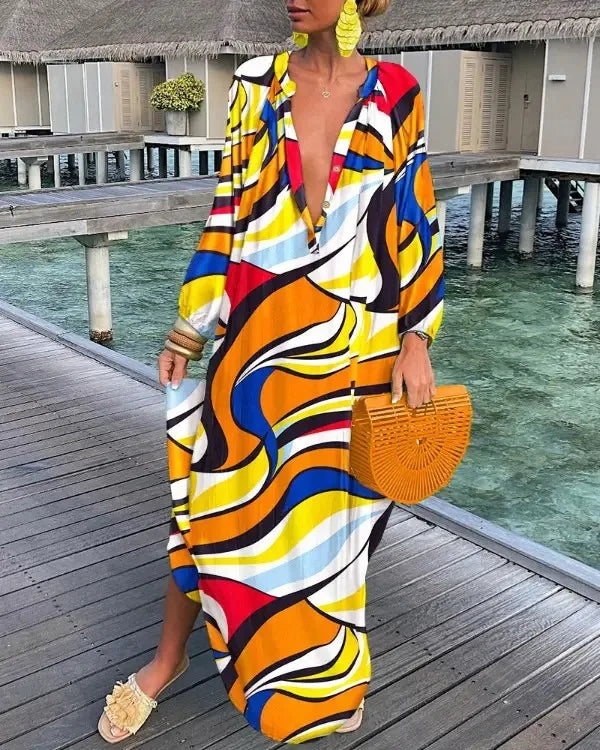 Women Sexy Deep V-Neck Maxi Dresses Autumn Bohemian Lantern Sleeve Printe Long Dress Female Vintage Holiday Beach Cover Up Robe-World Bazaar Life