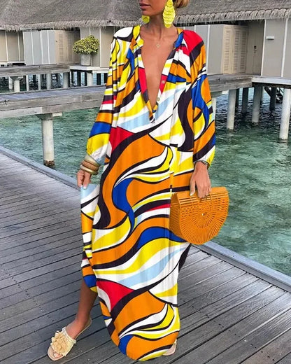 Women Sexy Deep V-Neck Maxi Dresses Autumn Bohemian Lantern Sleeve Printe Long Dress Female Vintage Holiday Beach Cover Up Robe-World Bazaar Life
