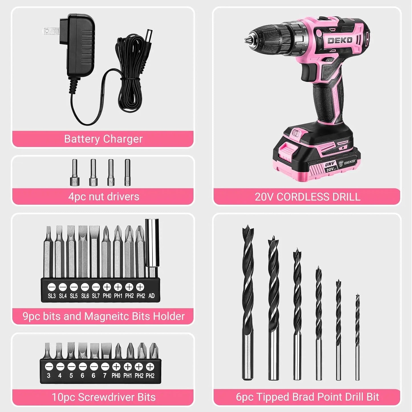 DEKO 20V Pink Cordless Power Drill Set for Women Electric Tool - World Bazaar Life