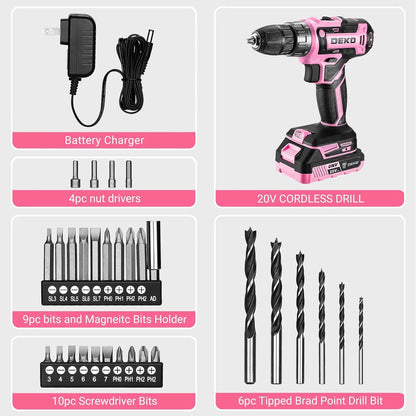 DEKO 20V Pink Cordless Power Drill Set for Women Electric Tool - World Bazaar Life
