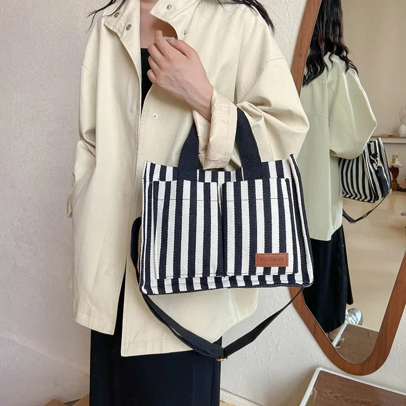 Hot Sale Of The Season New Commuter Large Capacity Trendy Striped Canvas Casual Fashionable Women's Tote Crossbody Bag Soft Nylo-World Bazaar Life