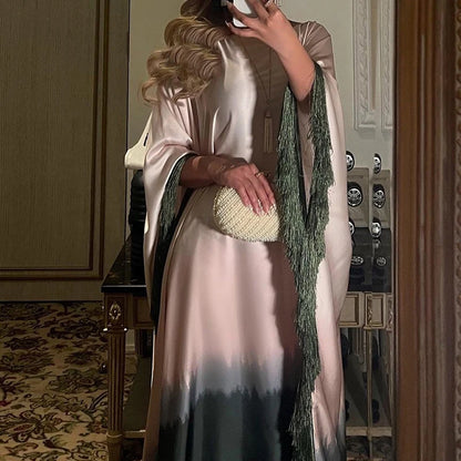 Fashion O-neck Tassels Patchwork Robe Dress Elegant Gradient Print Loose Long Dress Women's Casual Batwing Sleeve Party Dresses