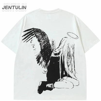 Men Tshirt Streetwear Japanese Harajuku Cartoon Angel Wings Graphic T-Shirt Summer 2024 HipHop T Shirt Anime Tops Tee Cotton Y2K