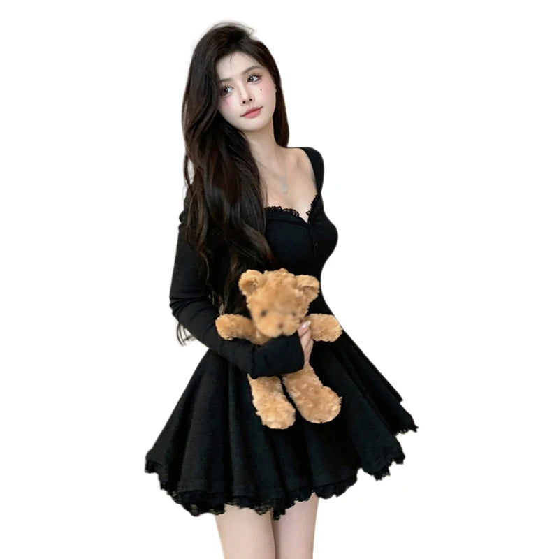 Women Sexy Korean Dress French Style Waist Closed Long Sleeve Collarbone Exposed Sweet-World Bazaar Life