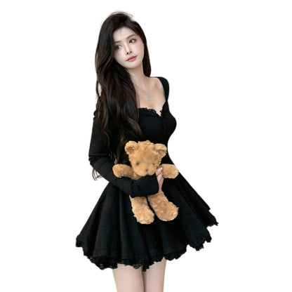 Women Sexy Korean Dress French Style Waist Closed Long Sleeve Collarbone Exposed Sweet-World Bazaar Life
