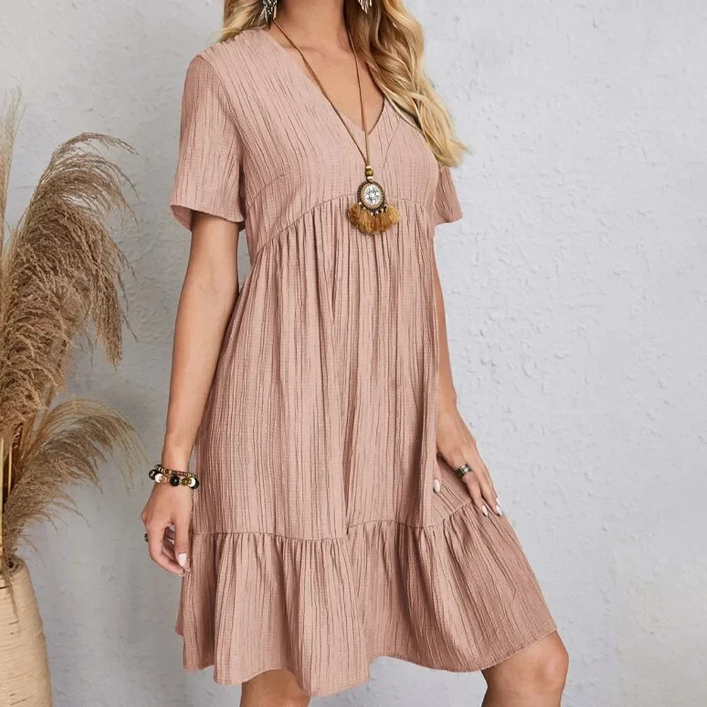 Women Summer Peplum Dresses Spring V-Neck Short Sleeve Loose Waist Ruffle Fit Flare Vocation Dresses-World Bazaar Life