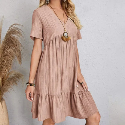 Women Summer Peplum Dresses Spring V-Neck Short Sleeve Loose Waist Ruffle Fit Flare Vocation Dresses-World Bazaar Life