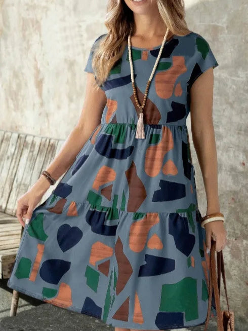 Fashionable Print round Neck Dress European And American Spring Summer New Style Export Trade round Neck Printed Dress-World Bazaar Life