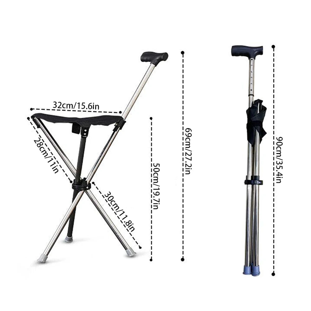 Foldable Cane Seat – Portable Stool & Walking Stick, Non-Slip Handle
