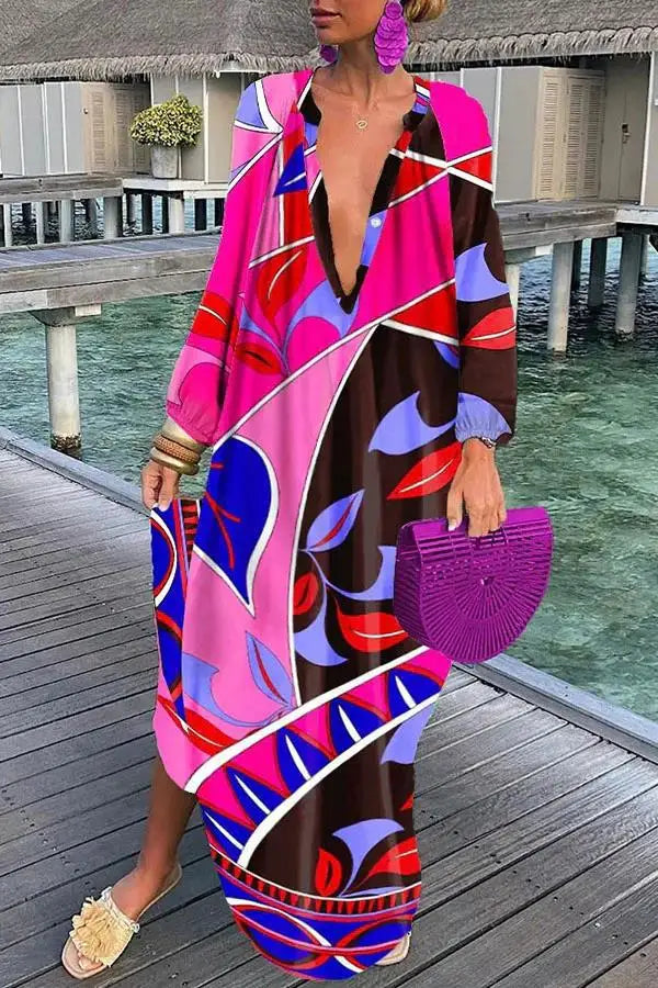 Women Sexy Deep V-Neck Maxi Dresses Autumn Bohemian Lantern Sleeve Printe Long Dress Female Vintage Holiday Beach Cover Up Robe-World Bazaar Life