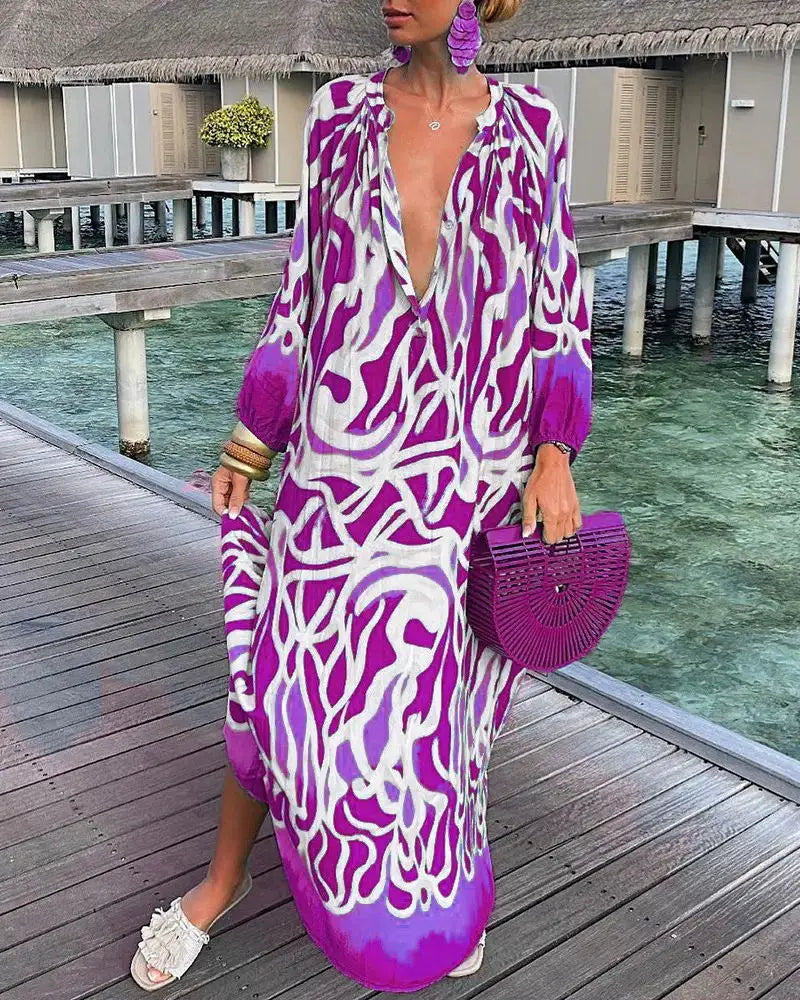 Women Sexy Deep V-Neck Maxi Dresses Autumn Bohemian Lantern Sleeve Printe Long Dress Female Vintage Holiday Beach Cover Up Robe-World Bazaar Life