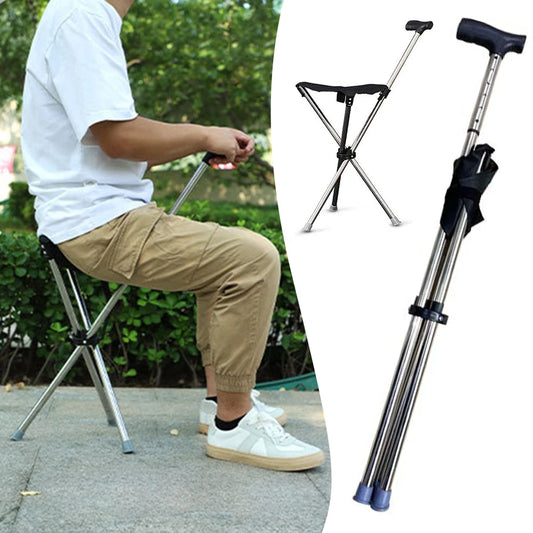 Foldable Cane Seat – Portable Stool & Walking Stick, Non-Slip Handle