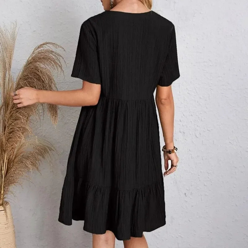 Women Summer Peplum Dresses Spring V-Neck Short Sleeve Loose Waist Ruffle Fit Flare Vocation Dresses-World Bazaar Life