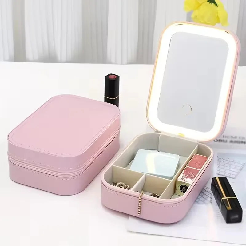 Rechargeable LED Makeup Mirror, Portable Travel Cosmetic Storage Box, Travel Makeup Case with 3-Color Adjustable Light Mirror.-World Bazaar Life
