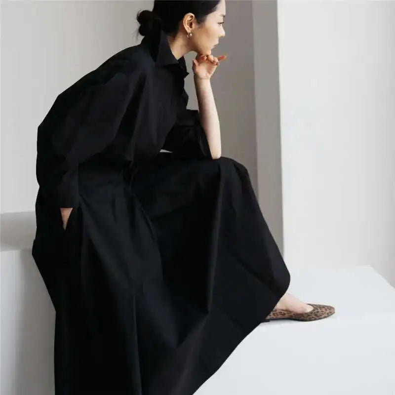LANMREM Women's Clothing Long Dress Turn Down Collar With Button Pockets Loose Casual Dresses Female Streetwear Fashion 2C2019-World Bazaar Life