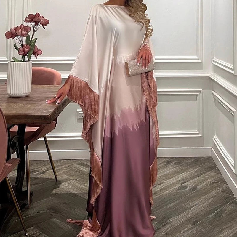 Fashion O-neck Tassels Patchwork Robe Dress Elegant Gradient Print Loose Long Dress Women's Casual Batwing Sleeve Party Dresses