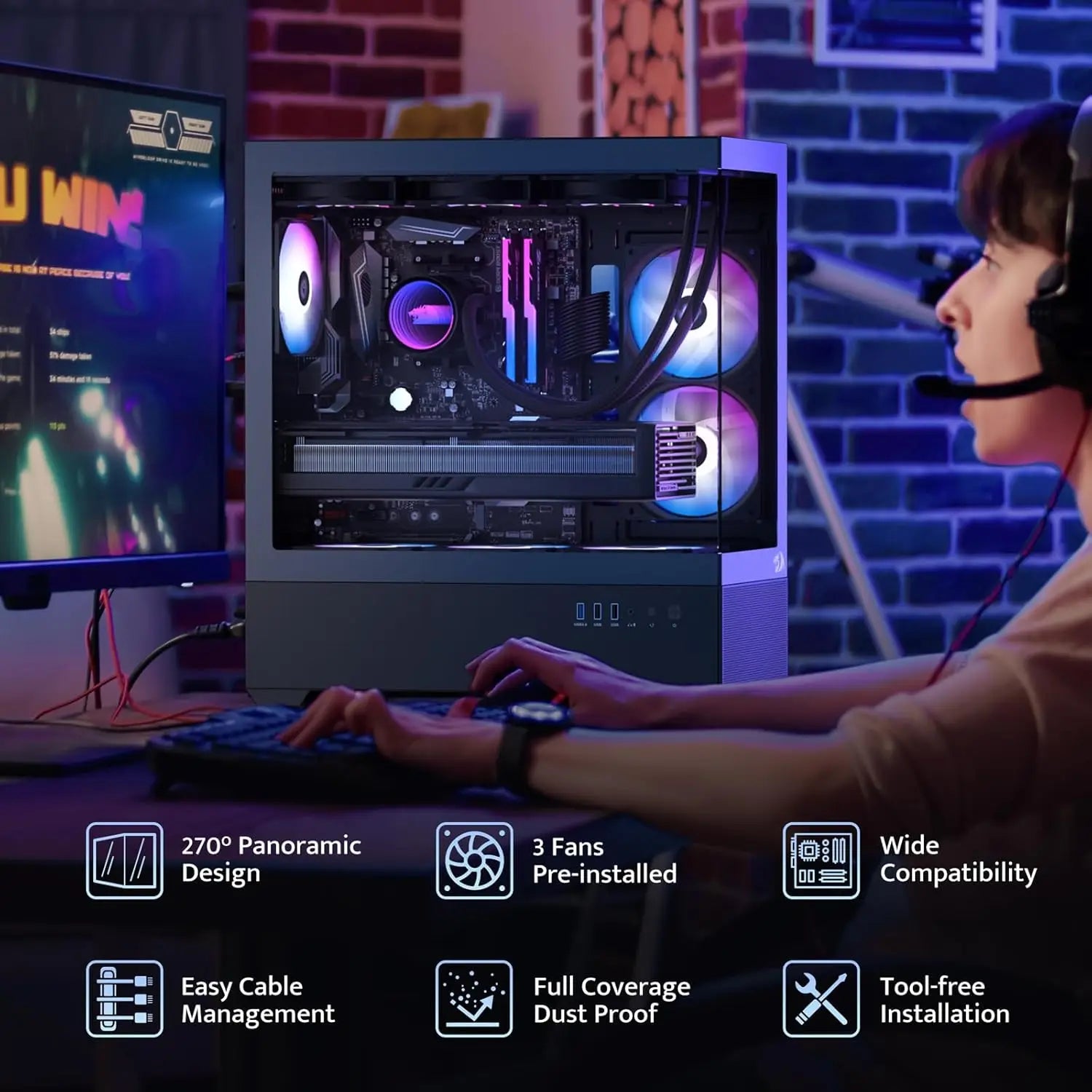 Redragon CA606 Gaming Back-Mounted ATX Computer Chassis,3 x 120mm Fans Pre-Installed 270° Full View PC Case, - World Bazaar Life