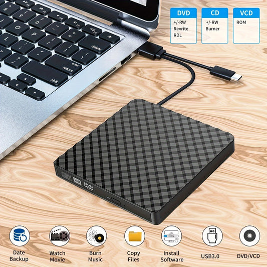 USB3.0 ve USB-C Harici CD DVD Sürücüsü Yüksek Hızlı Veri Aktarımı Tak ve Çalıştır Optik Disk Sürücüsü Dizüstü Bilgisayarlar, Masaüstü Bilgisayarlar için Yetenek