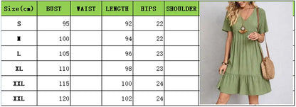 Women Summer Peplum Dresses Spring V-Neck Short Sleeve Loose Waist Ruffle Fit Flare Vocation Dresses-World Bazaar Life