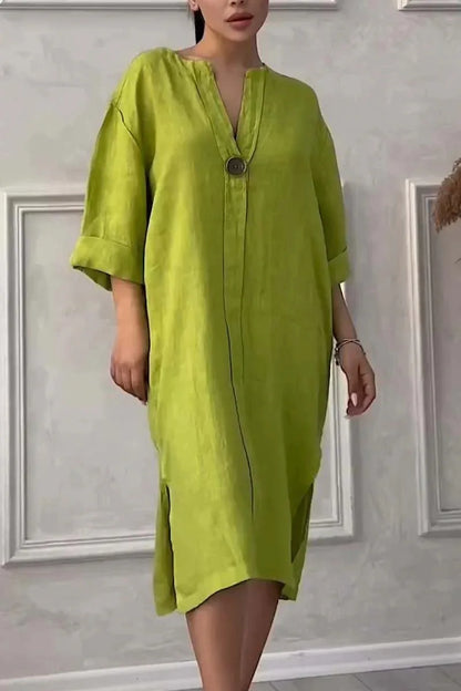 2024 Summer Elegant Cotton Hemp V-Neck Dress – Casual Mid-Length Style