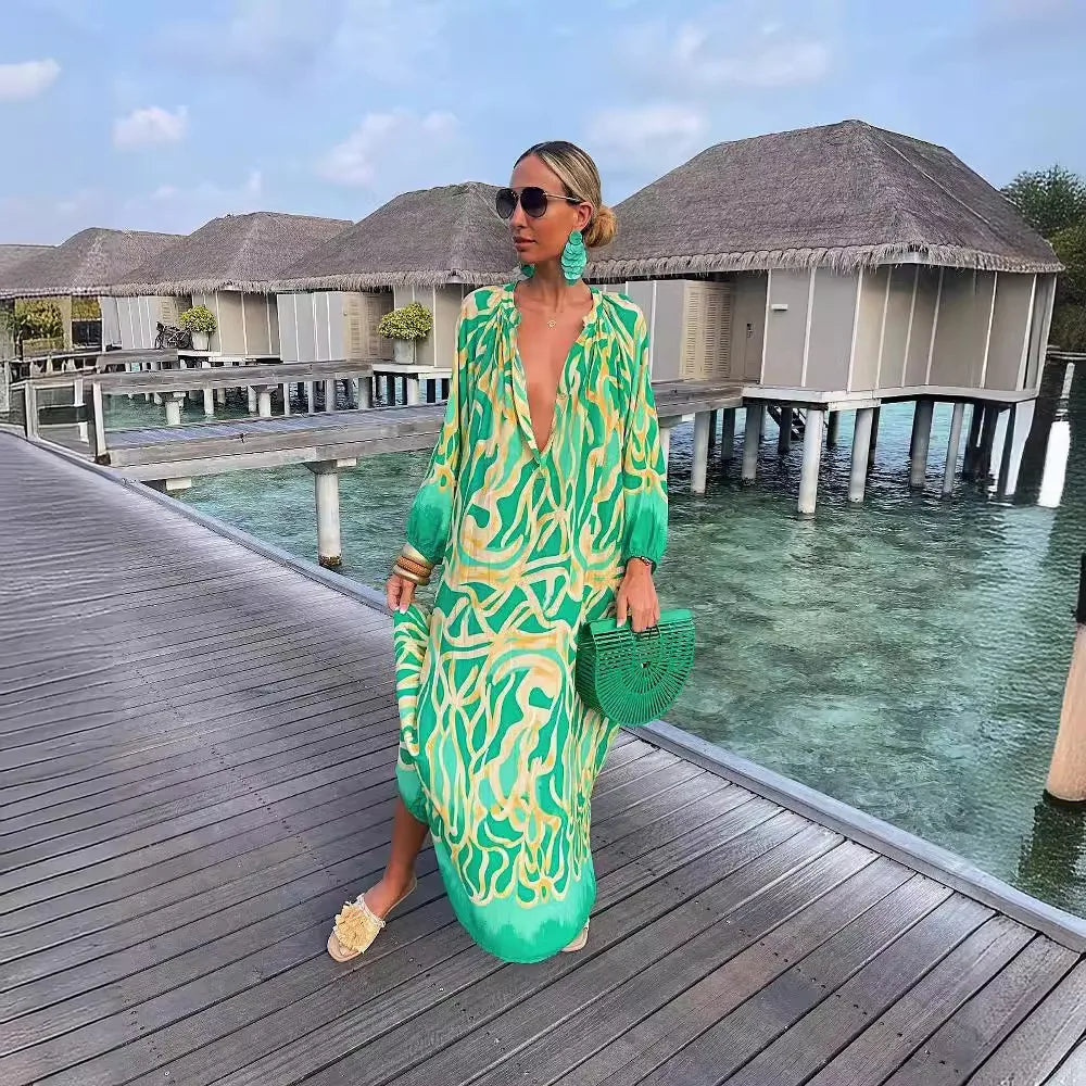 Women Sexy Deep V-Neck Maxi Dresses Autumn Bohemian Lantern Sleeve Printe Long Dress Female Vintage Holiday Beach Cover Up Robe-World Bazaar Life