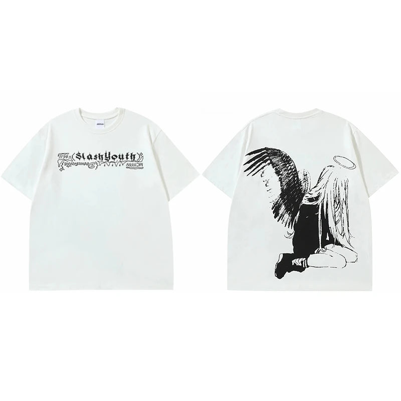 Men Tshirt Streetwear Japanese Harajuku Cartoon Angel Wings Graphic T-Shirt Summer 2024 HipHop T Shirt Anime Tops Tee Cotton Y2K