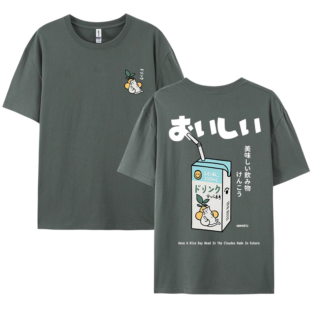 Cute Japanese Cat Print Oversized T-shirt men Women Short Sleeve Loose Casual Tee Shirt Streetwear Tops Cotton Harajuku Clothing-World Bazaar Life