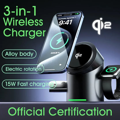 New Smart 15W Qi2 3 In 1 Magsafe Magnetic Autorotation Wireless Charger For iPhone iWatch Airpods Fast Charging Dock Station