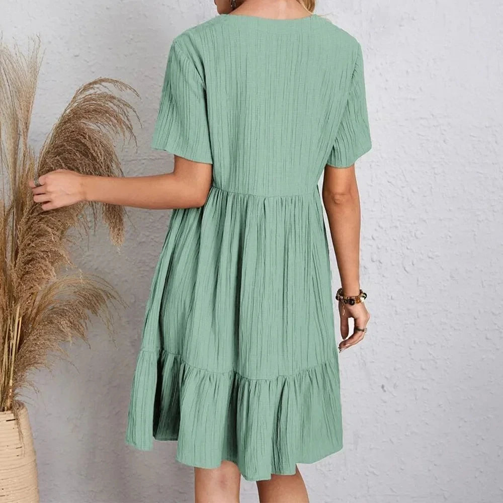 Women Summer Peplum Dresses Spring V-Neck Short Sleeve Loose Waist Ruffle Fit Flare Vocation Dresses-World Bazaar Life