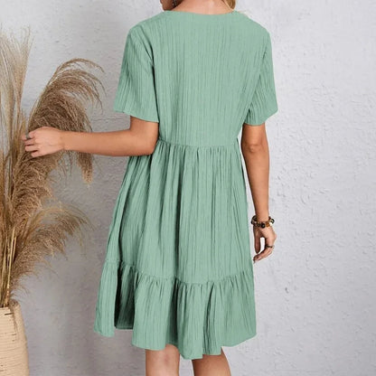 Women Summer Peplum Dresses Spring V-Neck Short Sleeve Loose Waist Ruffle Fit Flare Vocation Dresses-World Bazaar Life