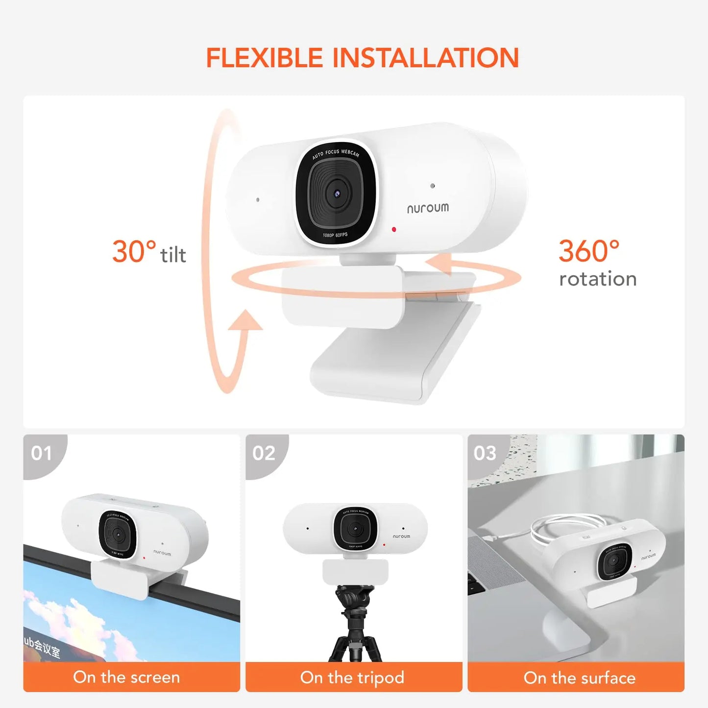 NUROUM V15-AF 2K HD Webcam - 75° Wide Angle, Built-in Microphone, Perfect for Video Conferencing on Laptop & PC