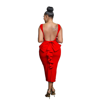 Kadınlar için Şık V Yaka Sırtı Açık Midi Elbise 2025 Bahar Kolsuz Fiyonk Seksi Parti Doğum Günü Dar Elbiseler Vestidos