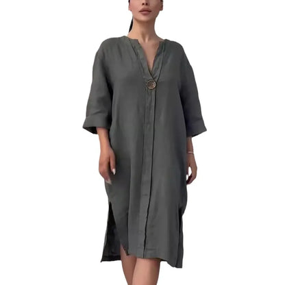 Women's New Cotton and Linen Solid Color Casual Round Neck Button Long Dress