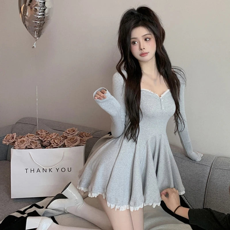 Women Sexy Korean Dress French Style Waist Closed Long Sleeve Collarbone Exposed Sweet-World Bazaar Life