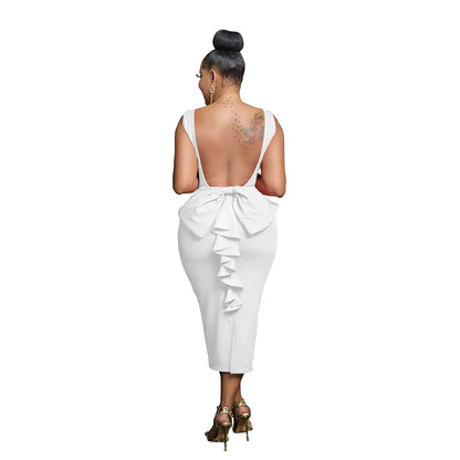 Kadınlar için Şık V Yaka Sırtı Açık Midi Elbise 2025 Bahar Kolsuz Fiyonk Seksi Parti Doğum Günü Dar Elbiseler Vestidos